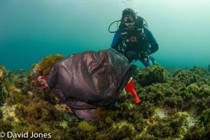 Diver with plastic bag