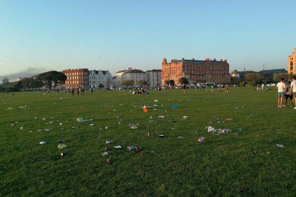 Plastic waste as the sun goes down in Southsea